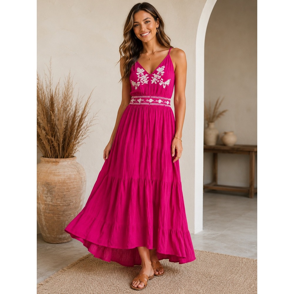 En Creme Magenta Pink Embroidered High Low Maxi Dress Boho Tiered Tie Back M